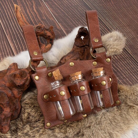 Brown 3Bottle-New Leather Belt Pouch Waist Bag Medieval Phone Holder GearFX - Picture 3 of 9
